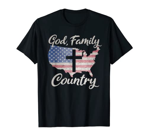 GOD FAMILY COUNTRY Christian Cross Vintage USA American Flag T-Shirt