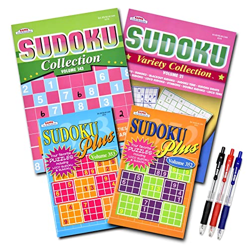 VARIETY SAVINGS 4-Pack 350+ Sudoku Puzzles for Adults, with Tips & Tricks, Puzzle Books for Adults & Seniors, Aging Seniors Brain Stimulation Activity Books, Large 8 X10 and Digest 5 X 8 Combo