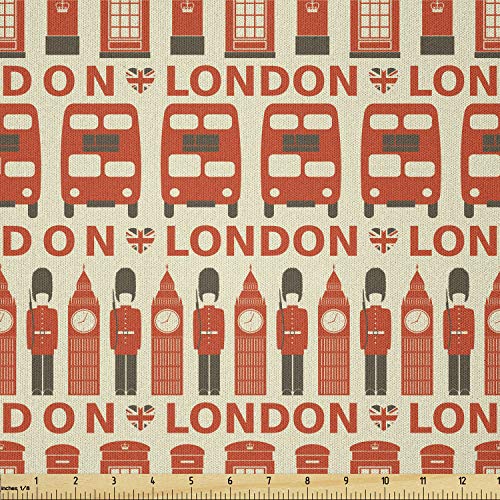 Lunarable London Fabric by The Yard, Classic British England Big Ben Bus Capital City Name and Heart Shape Flags Print, Microfiber Fabric for Arts and Crafts Textiles & Decor, 1 Yard, Scarlet Cream