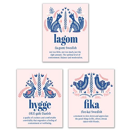 Unframed Pop Prints Scandinavian Folk Art Prints - Set of 3 (11x14) Inches Hygge Fika Lagom Definitions Swedish Danish Wall Art Decor Minimalist Contemporary Pastel - Bird - Rabbit - Fox