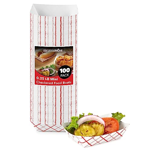Mini Tiny Paper Food Boats (100 Pack) .25 Lb Disposable Red & White Checkered Paper Food Trays, Eco Friendly Paper Food Trays, Serving Boats for Concession Food & Condiments, Condiment Size 3" x 1"