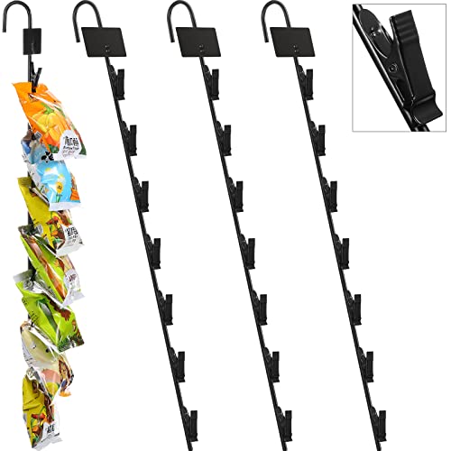 Retail Display 4 Pcs Metal Display Stand for Vendors Chip Holder for Concession and Pantry Potato Chip Bag Rack with Label Header and 7 Clips Hanging Merchandise Strips with Hooks (Black)