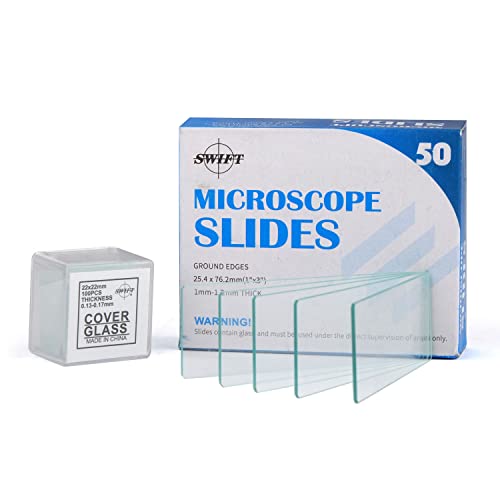 SWIFT Microscope Slides Kit with 50 Pre-Cleaned Blank Slides and 100 Glass Coverslips for Monocular Binocular Trinocular Microscopes
