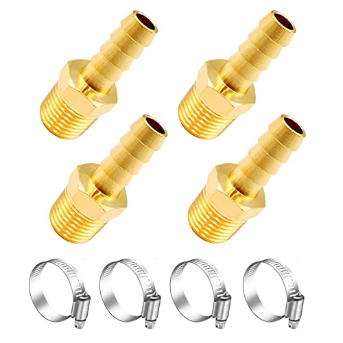 Tnuocke 4PCS Brass Air Hose Barb Fittings,3/8" Hose Barb to 1/4 NPT Male Thread Quick Coupler Air Pipe Adapter with 4PCS Hose Clamp,Compression Hose Fittings H-040-1/4 NPT-3/8