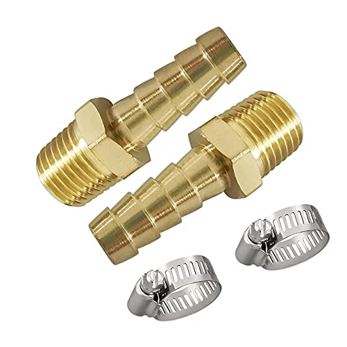 Avanty Brass Hose Barb Fitting, 3/8" Barbed x 3/8" NPT Male Straight Adapter Connector with 2 Hose Clamps, Pack of 2