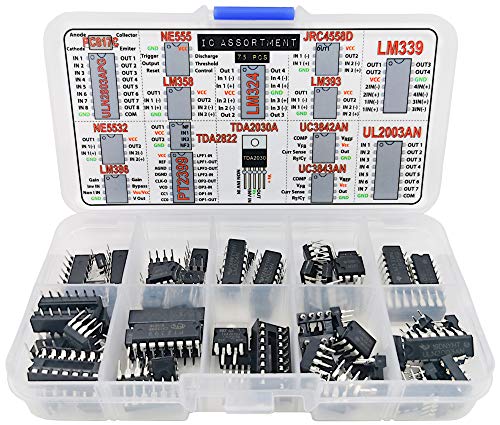 IC Assortment Box 75 pcs, PC817c, NE555, LM358, LM324, JRC4558D, LM393, LM339, NE5532, LM386, PT2399, TDA2822, TDA2030A, UC3842AN, UC3843AN, ULN2803APG, ULN2003AN and Sockets