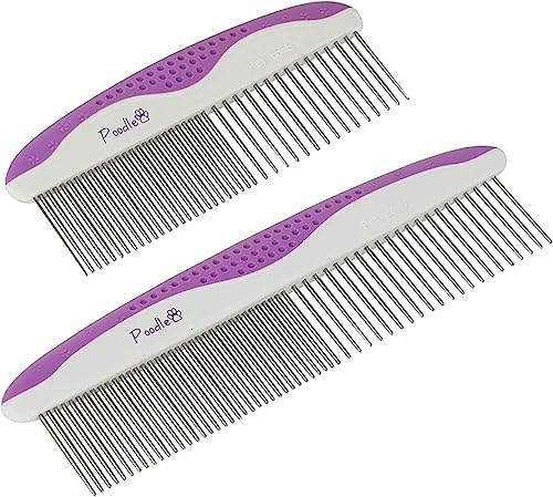 Poodle Pet Dog Combs for Grooming | 2 Pack | Stainless Steel Teeth Easily Remove Dirt | Proper Care Prevents Knots and Mats for Long and Short Haired Pets |Anti-Slip Comfort Grip Handle| Purple