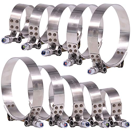 Glarks 10Pcs 5 Sizes 38-94mm Stainless Steel T-Bolt Hose Clamps Turbo Intake Soft Hose Intercooler Clamps Assortment Set