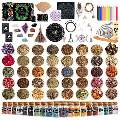 Witchcraft Supplies Kit for Witch Spells, SHYSHINY 145 Pack Complete Wiccan Supplies and Tools Box with Chakra Stone, Dried Herb, Spell Candles, Amulet, Bracelet, Pendulum, Gifts for Beginners Witches