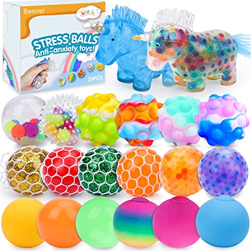 BESNEL Sensory Stress Balls Set Fidget Toys, Squishy Stress Relief Ball, 20 Pack Squeeze Ball Toys for Adults Kids Autism Hyperactivity, Stress Relieve, Increase Entertainment