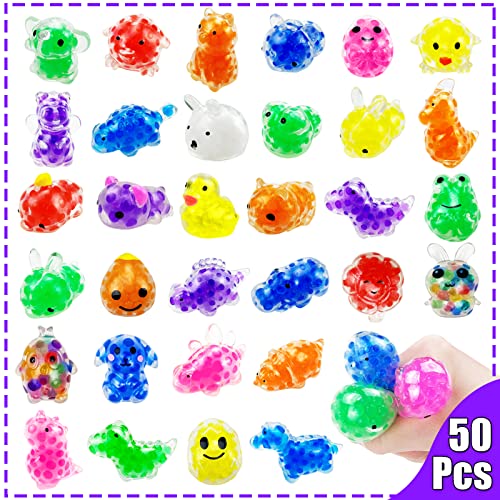 50Pcs Mini Stress Ball, Animals Squishies Toys, Squeeze Balls with Water Beads, Kawaii Sensory Fidget Toys for Kids Classroom Prize Party Favors Birthday Gifts