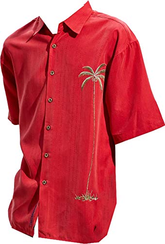 Bamboo Cay Men's Single Palm Tropical Style Embroidered Camp Shirt (Large, Tomato)