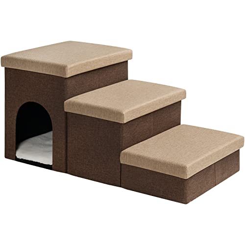 HOOBRO Dog Stairs for High Beds, Pet Stairs for Small Dogs, 3-Tier Foldable Dog Steps with Storage and Plush Mat, with Small Pet House, for Couch, Window, Bedside, Brown and Wheat CE03PT03