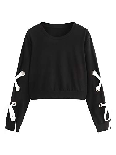 SweatyRocks Women's Casual Lace Up Long Sleeve Pullover Crop Top Sweatshirt Solid Black Large