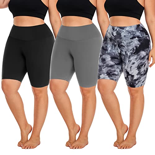 Hi Clasmix 3 Pack Plus Size Biker Shorts for Women(1X-4X)-High Waisted Non-See Through Workout Super Soft Black Yoga Shorts(3 Pack Black+Grey+Black Tie-dye,3XL)