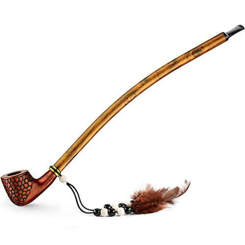 Extra Long 14" Stem Churchwarden Tobacco Pipe - With Indian Spirit Feathers & Beads - Hand Made Wood Smoking Bowl for Herbs - in Gift Box