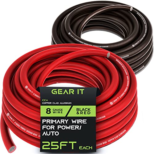 GearIT 8 Gauge Wire (25ft Each- Black/Red Translucent) Copper Clad Aluminum CCA - Primary Automotive Wire Power/Ground, Battery Cable, Car Audio Speaker, RV Trailer, Amp, Electrical 8ga AWG 25 Feet