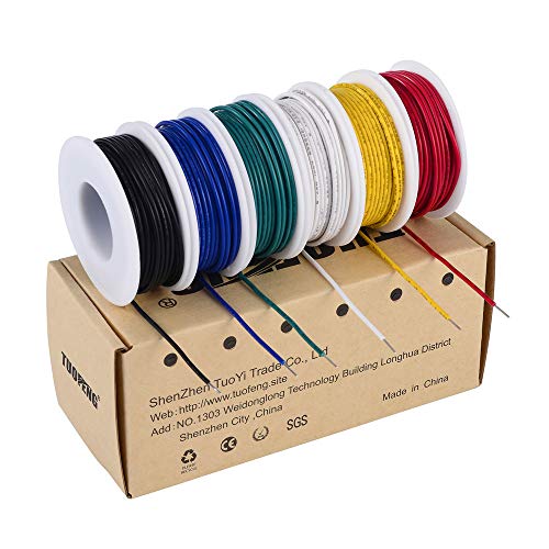 TUOFENG 22 awg Wire Solid Core Hookup Wires-6 Different Colored Jumper Wire 30ft or 9m Each, 22 Gauge Tinned Copper Wire PVC (OD: 1.60mm) Hook up Wire Kit