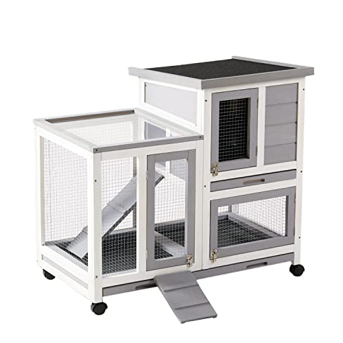 Rabbit Hutch, Indoor Rabbit Cage Two Story Bunny Hutch with Wheels Guinea Pig Cages with Removable No Leaking Tray, Ramp, Outdoor Pet House for Small Animals