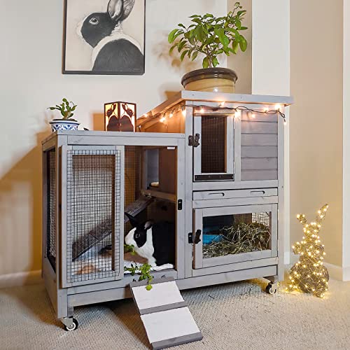 Aivituvin Rabbit Hutch Wooden Bunny Hutch Indoor- Outdoor Rabbit Cage Guinea Pig Cage for Small Animals with Exclusive Two Trays & Bottom Wire Mesh (Grey)