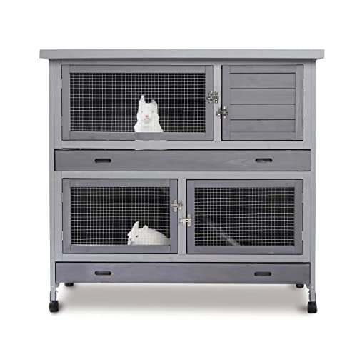 Rabbit Hutch Indoor&Outdoor with Wheels/2.6" Deep Plastic Trays/Ramp/Divider, Large Cages for Guinea Pigs/Bunnies with 2 Floors Separable&4 Lockable Doors, Weatherproof, Grey, 41.3" L*17.3" W*41.3" H