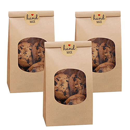 Eupako 3.54x2.36x6.7" Bakery Bags with Window 50 PCS Brown Tin Tie Tab Lock Bags Kraft Paper Bags for Cookies, Coffee, Included 50 PCS Handmade Stickers