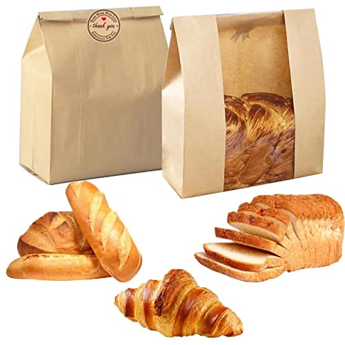 Paper Bread Bags for Homemade Bread Sourdough Bread Bags Large Paper Bakery Bag with Window for Baked Food Packaging Storage,Label Seal Sticker Included Pack of 25(13.7x8.2x3.5 inch)