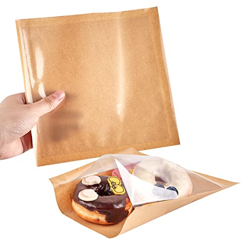 200 Pcs Bakery Bags with Window, Kraft Paper Donut Bags To Go, Heat-Sealable Grease Resistant Sandwich Bags for Packaging Cookies, Pastries and other Treats (7.5 x 7.1 Inches)