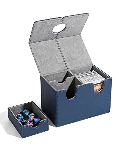 ZLCA Card Deck Box with Dice Tray for MTG Cards, 200+ Card Storage Box Fits for TCG CCG, PU Leather Strong Magnet Collectible Card Case (Navy)