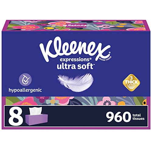 Kleenex Expressions Ultra Soft Facial Tissues, Soft Facial Tissue, 8 Flat Boxes, 120 Tissues per Box, 3-Ply (960 Total Tissues)120 Count (Pack of 8)