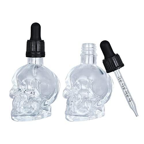 PrinMobel Skull Glass Dropper Bottle - Set of 2 - 2 oz Small Empty Eye Dropper Bottle - For Aromatherapy Refillable Essential Oil, Beauty Oil Mix, Beard Oil, Flavor Oil Dispenser (Halloween)