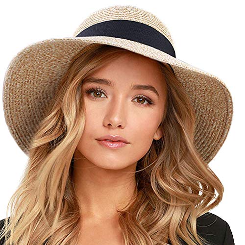 FURTALK Womens Beach Sun Straw Hat UV UPF50 Travel Foldable Brim Summer UV Hat (Aa-Mixed Beige, Large)