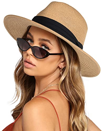 Womens Wide Brim Straw Panama Hat Fedora Summer Beach Sun Hat UPF Straw Hat for Women (Dark Khaki, L)