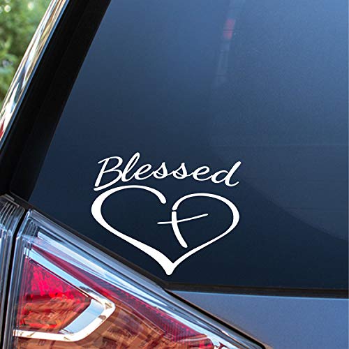 Sunset Graphics & Decals Blessed Cross and Heart Christian Decal Vinyl Sticker Religious Jesus | Cars Trucks Vans Walls Laptop Computer Mirror Skateboard Tablet | White | 5.5 inch | SGD000207