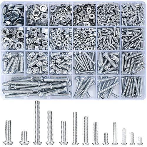 1080 Pcs Screws Bolts and Nuts Assortment Kit, Metric Machine Screws and Nuts and Bolts and Flat Washers, M3/M4/M5/M6 Phillips Slotted Pan Head Hex Bolts and Nuts Sets - 900g/16 Size
