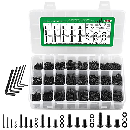 Bolts and Nuts, 1500pcs Hex Button Head Cap Bolts Screws Nuts Washers Assortment Kit - 10.9 Grade Alloy Steel M2 M3 M4 M5 M6 Black Machine Screws with 5 Allen Wrenches for 3D Printer Home Industrial