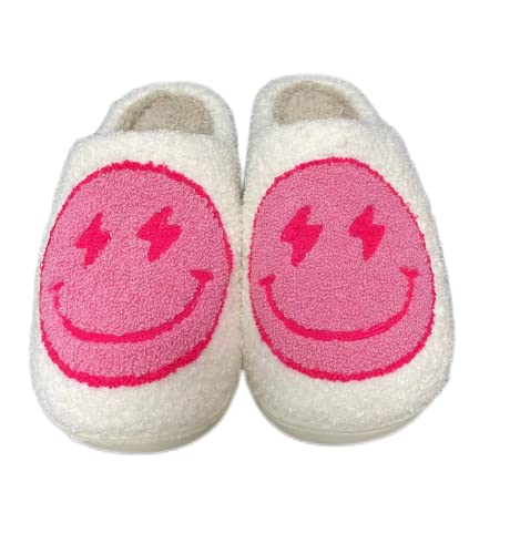 QIPILON Unisex Lightning Smiley Face Slippers Leopard Print Smiley Face Slippers Retro Memory Foam Soft Plush Slippers Warm Non-Slip Home Shoes Pink 43-44