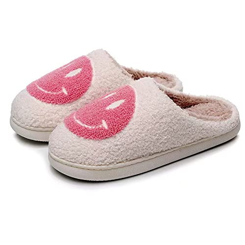 kissxiaoya Smile Face Slippers for Women Men, Retro Soft Plush Lightweight Smile Face House Slippers, Indoor Outdoor Cozy Trendy Slip-On Slipper(White-pink Smile, 6.5-7.5 Women/ 6-7 Men)