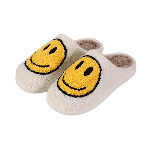 rosyclo Smile Face Slippers Retro Soft Plush Cozy House Slippers Slip-on Fluffy Indoor Outdoor Smile Slippers for Women and MenWhite-Yellow, 40-41