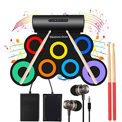Oirtmiu Portable Electronic Drum Set Roll-Up Drum Practice 7 Pads Drum Kit Built-in Speaker with Headphones Drum Pedals Drum Sticks 10 Hours Playtime, Great Holiday Birthday Gift for Kids(Rainbow)