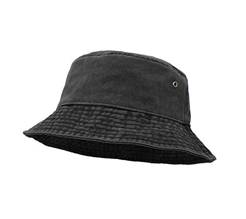 Bucket Hat, Wide Brim Washed Denim Cotton Outdoor Sun Hat Flat Top Cap for Fishing Hiking Beach Sports Black