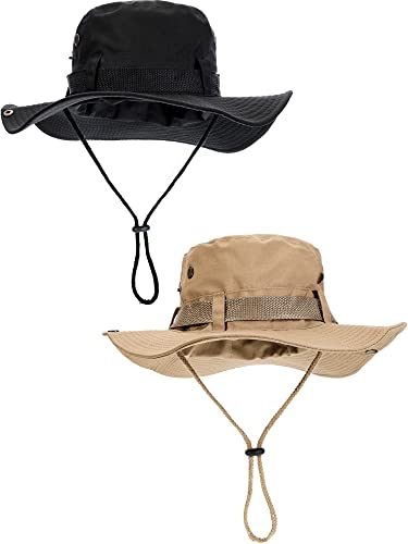2 Pieces Cotton Safari Hat Wide Brim Fishing Cap Foldable Boonie Hat Double-Sided Outdoor Sun Hat for Men and Women (Color 1) Black, Khaki