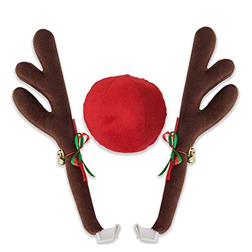 Jaxbo Christmas Reindeer Antlers Car Decoration Kit Plush Rudolf Auto Reindeer and Red Nose Set with Jingle Bells - Best Chrictmas Gift Choice