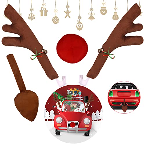 Tofune Car Reindeer Antlers & Nose, Christmas Decorations for Car, Window Roof-Top & Grille Rudolph Reindeer Jingle Bell Kit Auto Holiday Costume Accessories