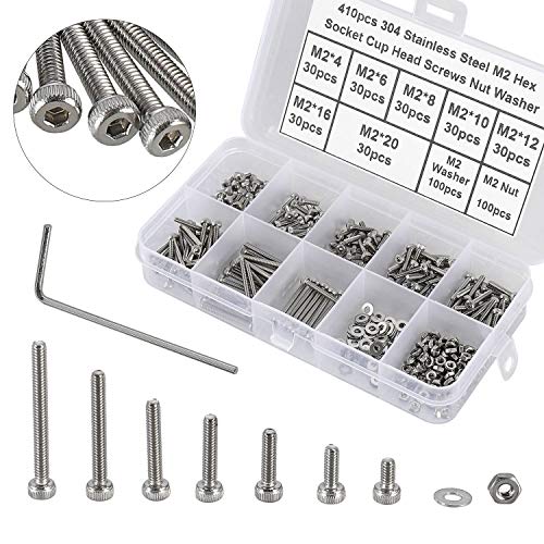 HanTof 410Pcs Small Hex Socket Head Cap Screws Bolts, M2 x 4/6/8/10/12/16/20mm Tiny/Micro Allen Head Machine Screws Nuts and Washers Assortment Kit with Hex Wrench, 304 Stainless Steel, Fully Threaded