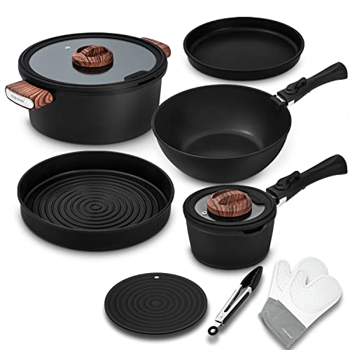 Stackable Cookware Set Nonstick 100% PFOA Free Induction Pots and Pans Set Space Saving with Cooking Utensils 13 Piece  Black