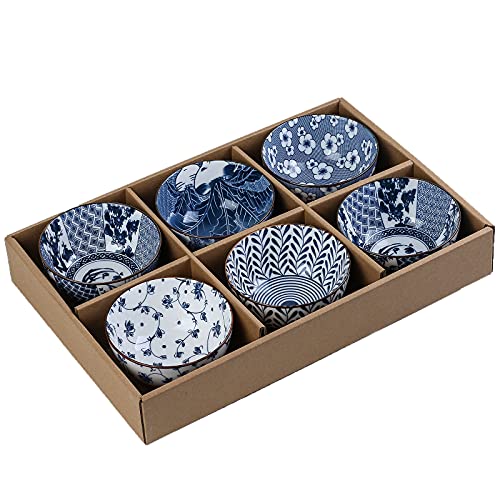 Gegong 6 Pack Ceramic Bowls, Japanese Style Rice Bowls, 10 Ounces Thickening Blue and white porcelain bowls, Cereal Bowls for Kitchen, Suitable for microwave, ovens, dishwashers (mixing)