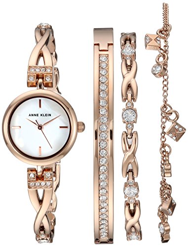 Anne Klein Women's Premium Crystal Accented Rose Gold-Tone Watch and Bracelet Set