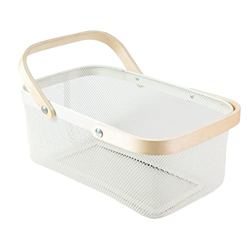 MACOIOR Portable Garden Basket-Mesh Design Natural Bamboo Handle Wire Storage Baskets,Mesh Basket with Handle Organize Items Reduce Space Occupation,Suitable for Kitchen,Garden,Picnic(White)