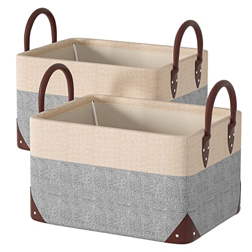 2 Pack Storage Baskets for Organizing- Foldable Storage Bins for Shelves Decorative Storage Bins Basket Linen Fabric Storage Basket with Steel Frame and PU Leather Handles (Beige Gray)